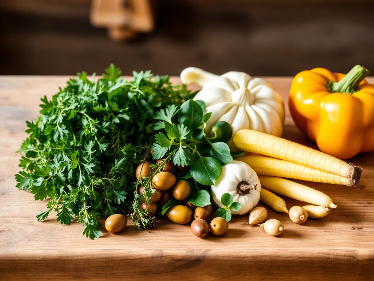 Fresh herbs and seasonal vegetables on a wooden counter