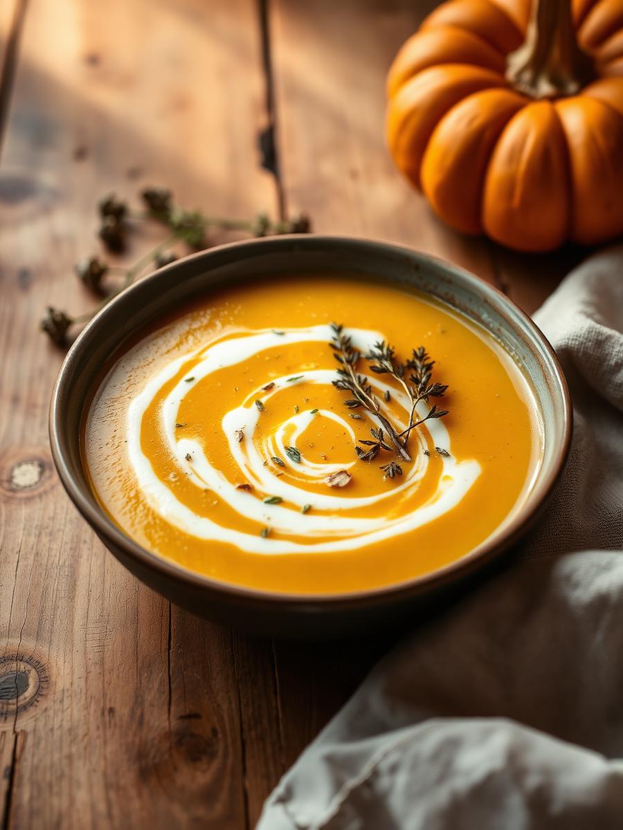 Bowl of roasted pumpkin soup with herbs and cream
