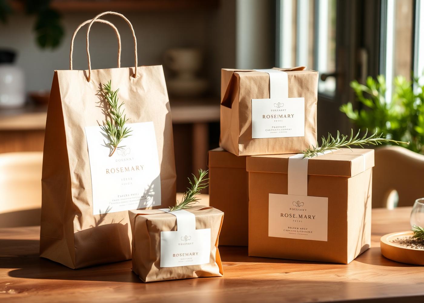 Kraft paper bags and branded takeaway boxes with rosemary